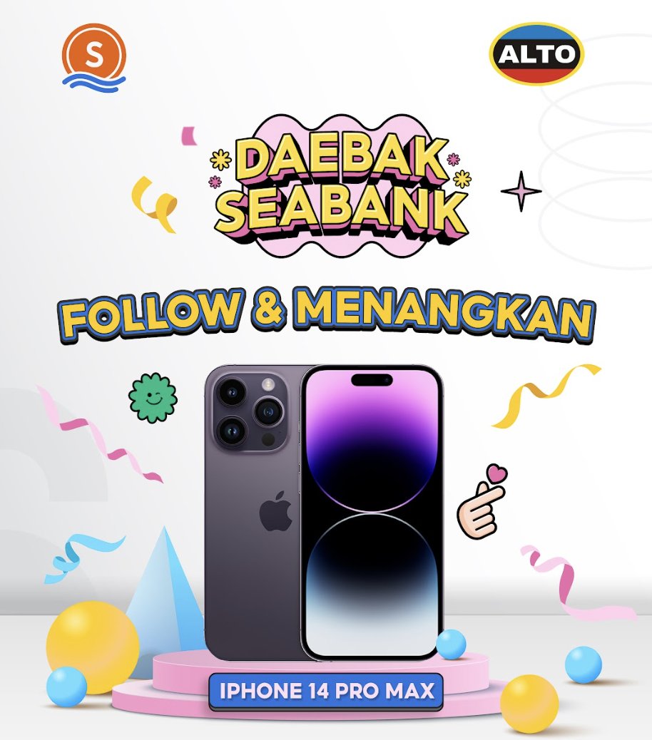 SeaBankID's tweet photo. 🫶GIVEAWAY IPHONE 14 PRO MAX!!🫶

Caranya gampang banget loh, 
1. FOLLOW INSTAGRAM https://t.co/5sxrPZVhvs dan TWITTER @SeaBankID 
2. IKUTI KUISNYA DI SINI👉 https://t.co/2VoiKA0KQb
3. RT &amp; REPLY "ALTO" di tweet ini

Semangat Sobat SeaBank #GIVEAWAY https://t.co/YexgMiY42o