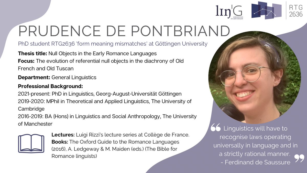LinGoettingen's tweet photo. Let us introduce you to Prudence de Pontbriand. Prudence is a PhD candidate in the RTG2636 and works on null objects in the early Romance Languages, i.e., old French and old Tuscan. #syntax #nullobjects #romancelanguage https://t.co/qJWhVMx8e6