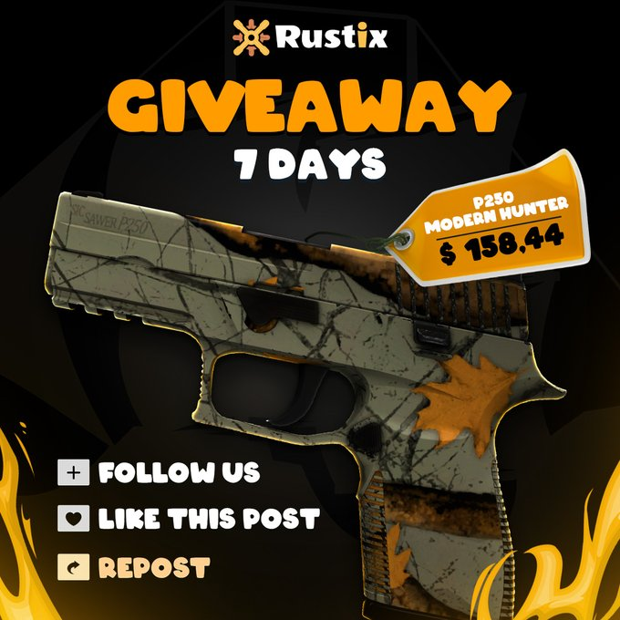 Leylos1616's tweet photo. ❗Giveaway❗

🎉P250 | MODERN HUNTER $158.44🎉

➡TO ENTER:

✅Retweet
✅Follow Me &amp; @Rustix_io

⏰Rolling In 7 Day's!⏰

#CSGO #CSGOGiveaway #sponsored https://t.co/oOfXko92UC