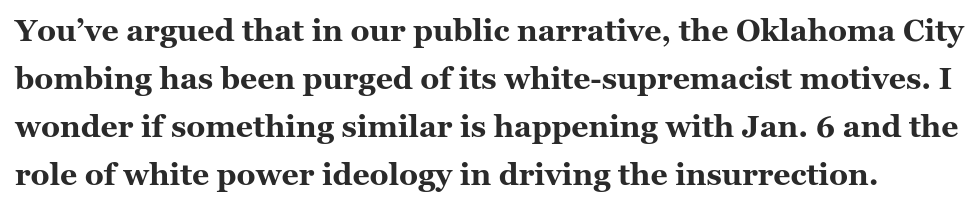 GregTSargent's tweet photo. Adding to @emptywheel's argument, I recently interviewed @kathleen_belew, a historian of white power movements, about the role of race in the Jan 6 saga. In this exchange, we discussed how it's been largely absent from our national reckoning. 2/2

https://t.co/AlEHMoNniF https://t.co/U3Gb17Znzy