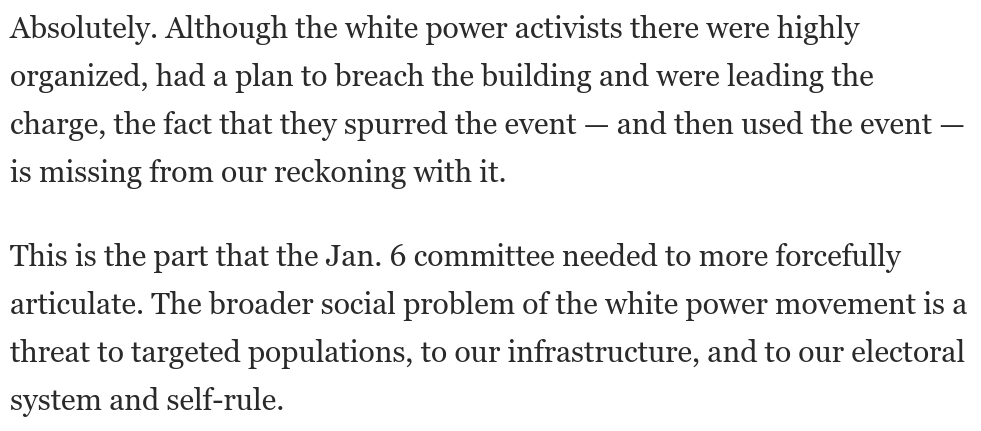 GregTSargent's tweet photo. Adding to @emptywheel's argument, I recently interviewed @kathleen_belew, a historian of white power movements, about the role of race in the Jan 6 saga. In this exchange, we discussed how it's been largely absent from our national reckoning. 2/2

https://t.co/AlEHMoNniF https://t.co/U3Gb17Znzy