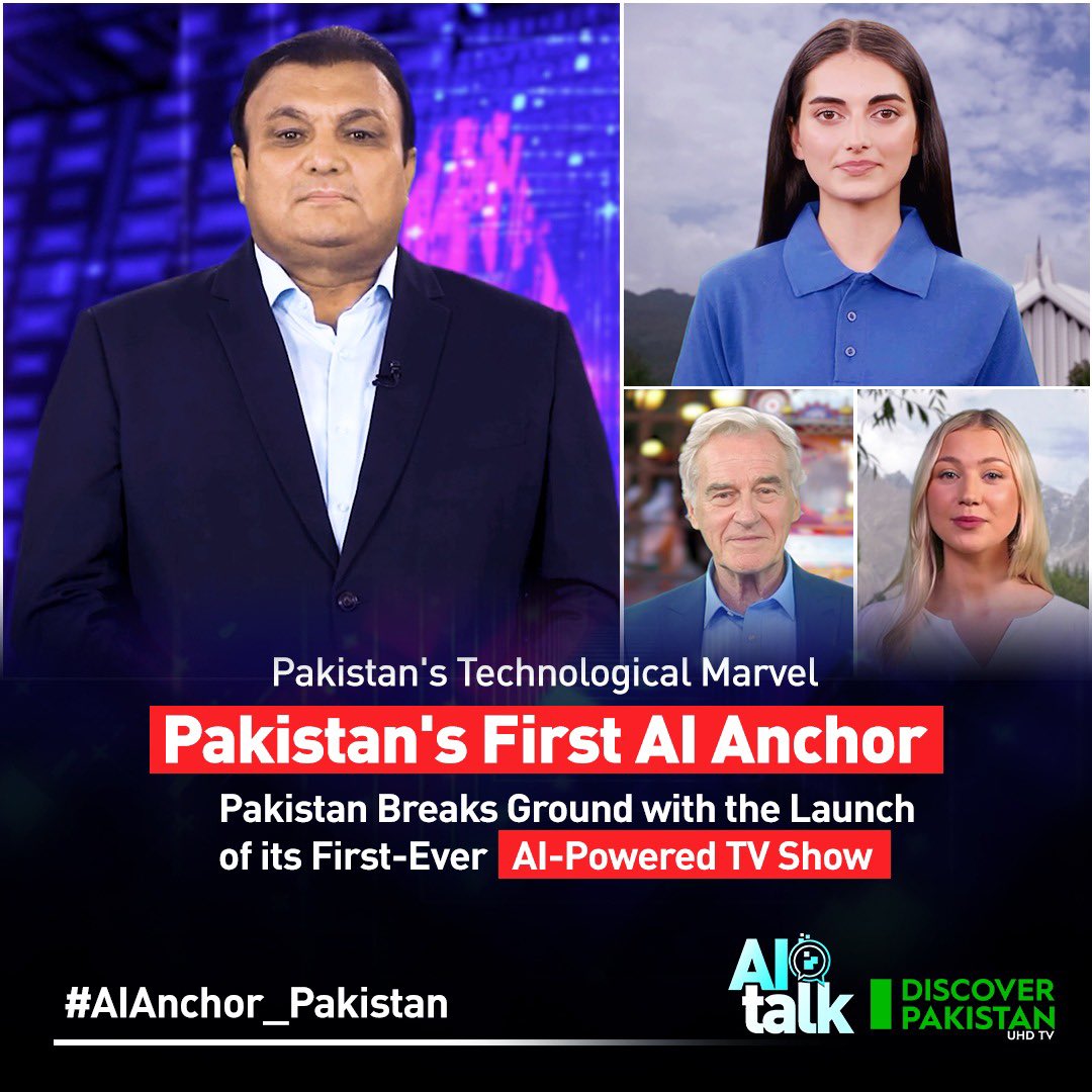 Congratulations Pakistan. Discover Pakistan HDTV has launched world’s First AI TV Talk Show hosted by Pakistan’s first AI Anchor. #AiAnchor_Pakistan