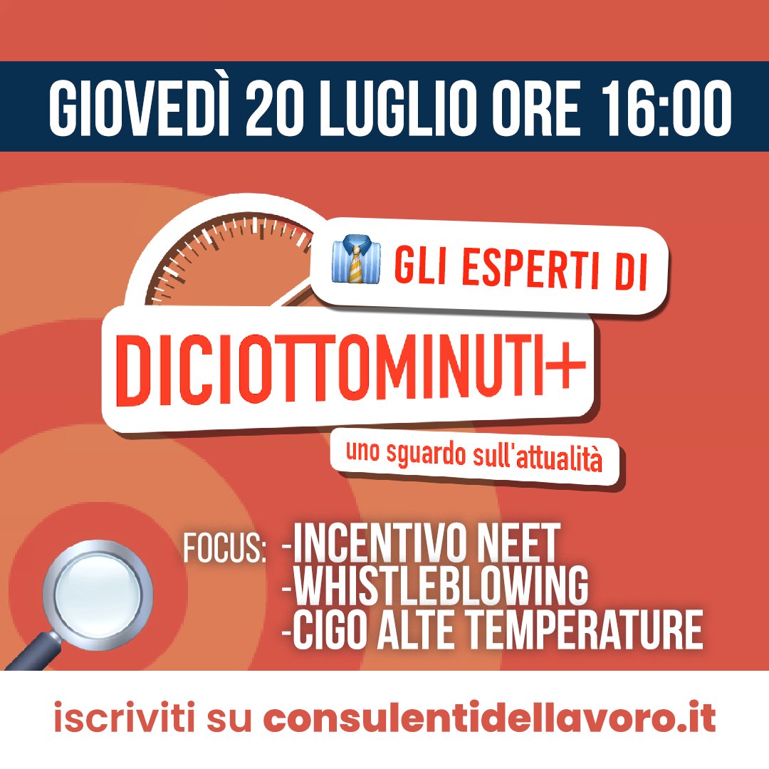 ➡️Incentivo NEET➡️Whistleblowing➡️CIGO alte temperature. Questi i temi al centro di “Gli esperti di Diciottominuti”, che andrà in onda oggi alle 16:00 sulla WebTv di Categoria. 

Per seguire la diretta e ottenere il credito formativo iscriviti 👇
register.gotowebinar.com/register/71979…