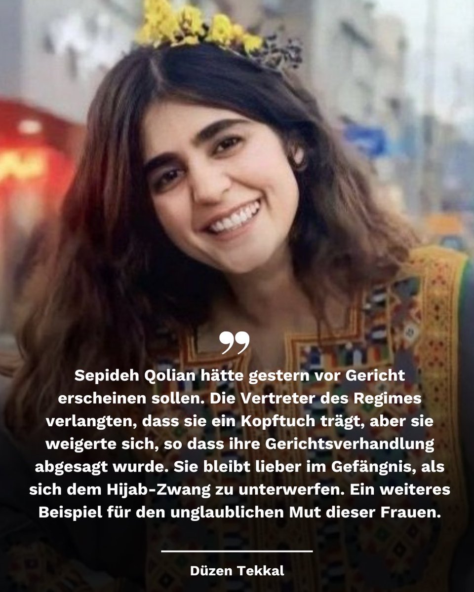 DuezenTekkal's tweet photo. #SepidehQolian hätte gestern vor Gericht erscheinen sollen. Sie sollte ein Kopftuch tragen, aber weigerte sich, so dass ihre Gerichtsverhandlung abgesagt wurde. Ein weiteres Beispiel für den unglaublichen Mut der Frauen im #Iran. https://t.co/WoWdqQEQ8W