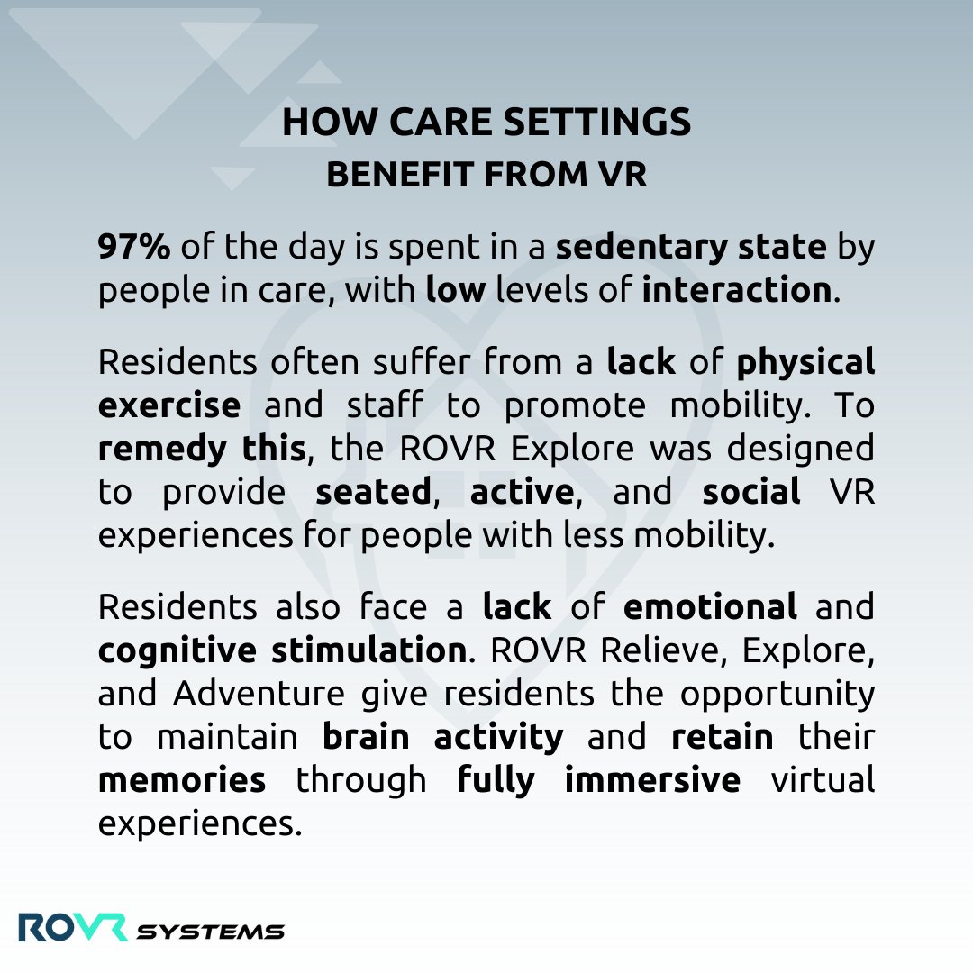 We aim to provide #social connections, physical #wellness, and mental stimulation for people of all ages. We must also do so in a safe and #collaborative manner. This is where #VR comes in. By providing stimulating experiences for care residents, we hope to improve their lives.