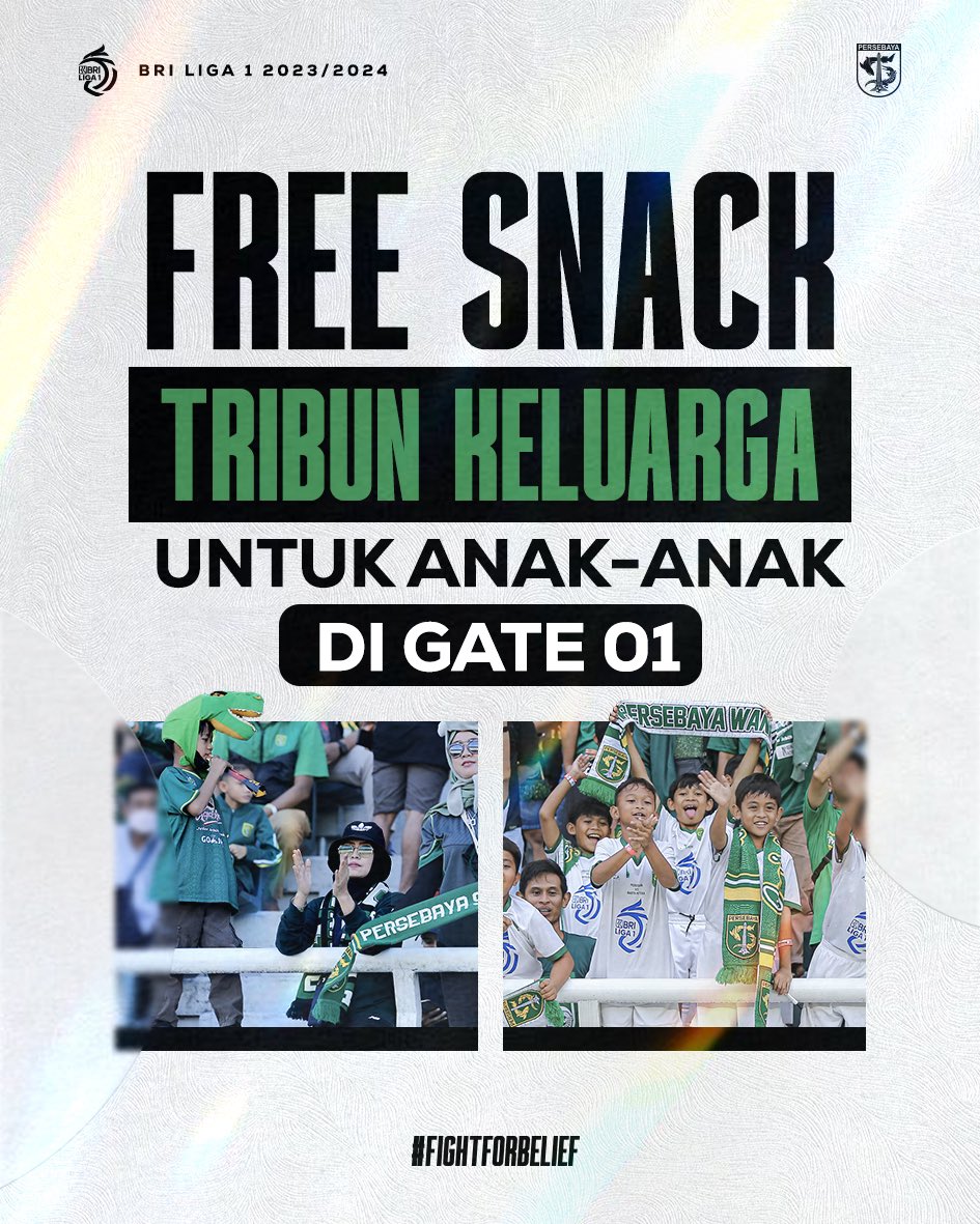 Official Persebaya (@persebayaupdate) on Twitter photo ๐๐๐ค๐ข๐ง ๐๐ฒ๐๐ฆ๐๐ง ๐๐ข ๐๐ซ๐ข๐๐ฎ๐ง ๐๐๐ฅ๐ฎ๐๐ซ๐ ๐๐
Ayo rek liburan di GBT bersama keluarga.
Bagi anak-anak yang hadir akan mendapatkan snack gratis.
Keamanan juga lebih diperketat. Akan ada tes kadar alkohol di Gate 01
Nyaman Liburan di GBT
#persebaya #fightforbelief ๐๐๐ค๐ข๐ง ๐๐ฒ๐๐ฆ๐๐ง ๐๐ข ๐๐ซ๐ข๐๐ฎ๐ง ๐๐๐ฅ๐ฎ๐๐ซ๐ ๐๐
Ayo rek liburan di GBT bersama keluarga.
Bagi anak-anak yang hadir akan mendapatkan snack gratis.
Keamanan juga lebih diperketat. Akan ada tes kadar alkohol di Gate 01
Nyaman Liburan di GBT
#persebaya #fightforbelief