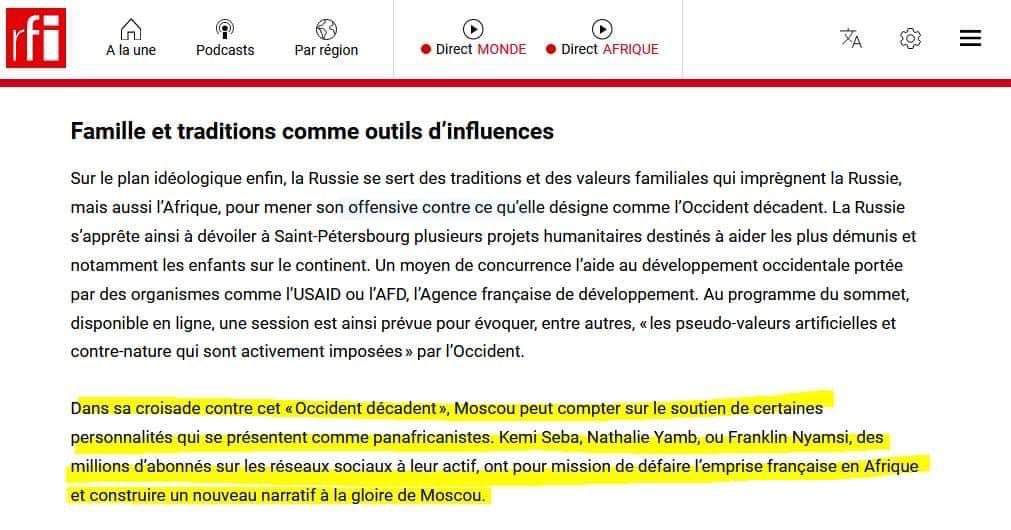 FranklinNYAMSI's tweet photo. J’ai reçu Pierre Olivier de RFI et Marie Schuster de France 24 en début avril 2023, chez moi en Normandie et j’ai répondu pendant plus de deux heures à toutes leurs questions.

Ces deux journalistes, quatre mois après notre interview, n’ont toujours rien publié sur leurs chaînes des amples explications que je leur ai données à propos de ma critique de la politique africaine de la France 🇫🇷.
Heureusement que j’avais pensé à enregistrer leurs questions et mes réponses !

En lieu et place de mes arguments réels, qu’il ne publie pas, Pierre Olivier affirme carrément dans son article du 17 juillet 2023 que je suis en mission pour la Russie 🇷🇺 . Un procédé inquisitorial que je n’accepterai jamais.
Je vais ester en justice.