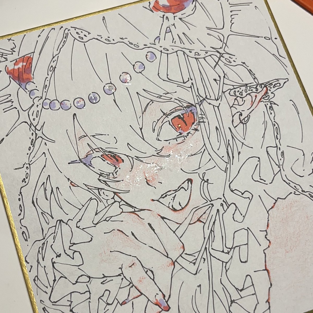 1girl solo red eyes pointy ears shikishi traditional media tongue  illustration images