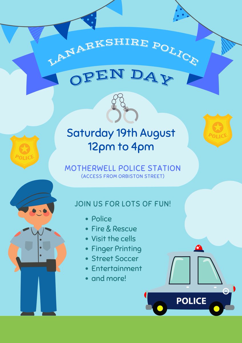 🚓Lanarkshire Police Open Day! WHERE? Motherwell Police Station (access via Orbiston Street) WHEN? Sat 19th Aug - 12-4pm WHAT? 👮Police & Fire 🚔Visits the cells ☝️Finger Printing ⚽Street Soccer and lots more! Please be mindful of parking restrictions in the area.