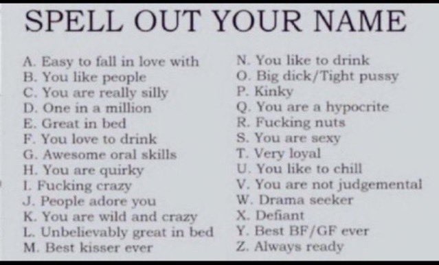 L - Unbelievably great in bed
Y - Best partner
R - Fucking nuts
I - Fucking crazy
C - You are really silly

… Umm… I guess? Maybe?