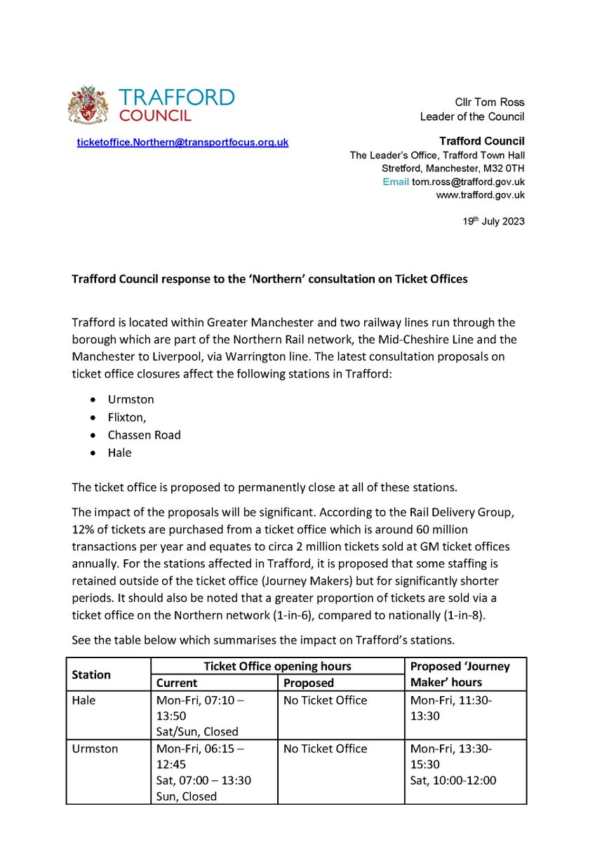 TraffordCouncil's tweet photo. We are opposed to proposals to close the railway station ticket offices in  Trafford. Here's the letter from Cllr Tom Ross and Cllr Aidan Williams calling on train operators to reconsider. 

To have your say on plans, please email ticketoffice.Northern@transportfocus.org.uk https://t.co/zGxUgdrUcf