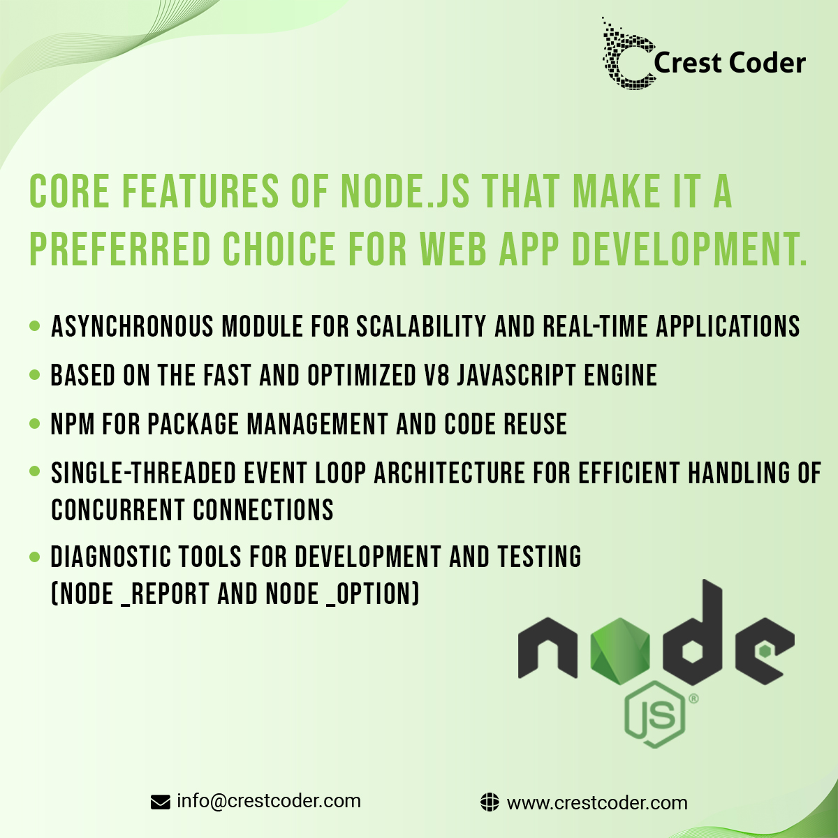 CrestCoder's tweet photo. Why #Node.js is the future❓❓❓

➡️Asynchronous and non-blocking I/O
➡️Single language for both frontend and backend
➡️NPM provides a vast ecosystem of packages 

#Nodejs #BackendDevelopment #JavaScript #NPM #Webdevlopers #webdevelopment #Backend #Crestcoder https://t.co/YBNrHAvWe6