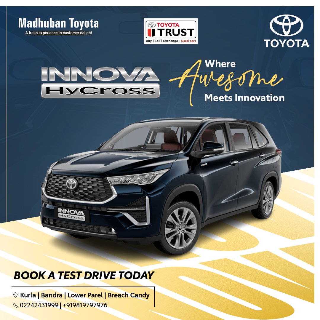 MadhubanToyota's tweet photo. Feel the power of innovation combined with awesomeness when you drive the Innova Hycross! Experience a smooth and comfortable ride like never before when you book a test drive today. So, what are you waiting for?
#InnovaHycross #AwesomeMeetsInnovation #TestDriveNow #toyota https://t.co/3cDfVedjhu
