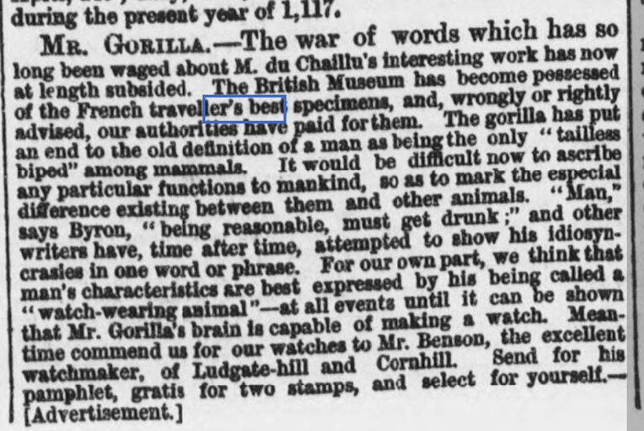 Completely obsessed with this advert from 1861 that uses the controversy over Darwin's recent publication to sell some watches.