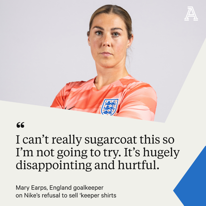 TheAthleticFC's tweet photo. "I can’t really sugarcoat this so I’m not going to try. It’s hugely disappointing and hurtful."

England's Mary Earps has responded after Nike refused to sell her No. 1 shirt, revealing she even offered to fund the shirt herself.

#ENG | #FIFAWWC

📝 @Morgie_89