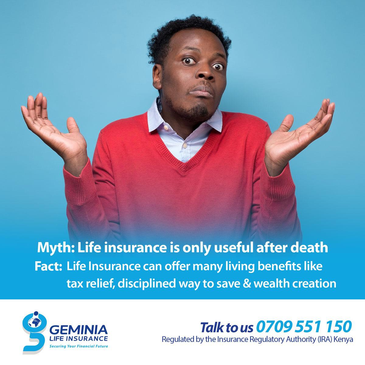 GeminiaLife's tweet image. Do you ignore Life Insurance because you believe it's useful only after death? Life Insurance can give you  many benefits while you're alive e.g loans, tax relief, returns &amp;amp; security.   

DM or Call us on 0709 551 150 to learn more

#lifeinsurancemyths #factsnotfiction