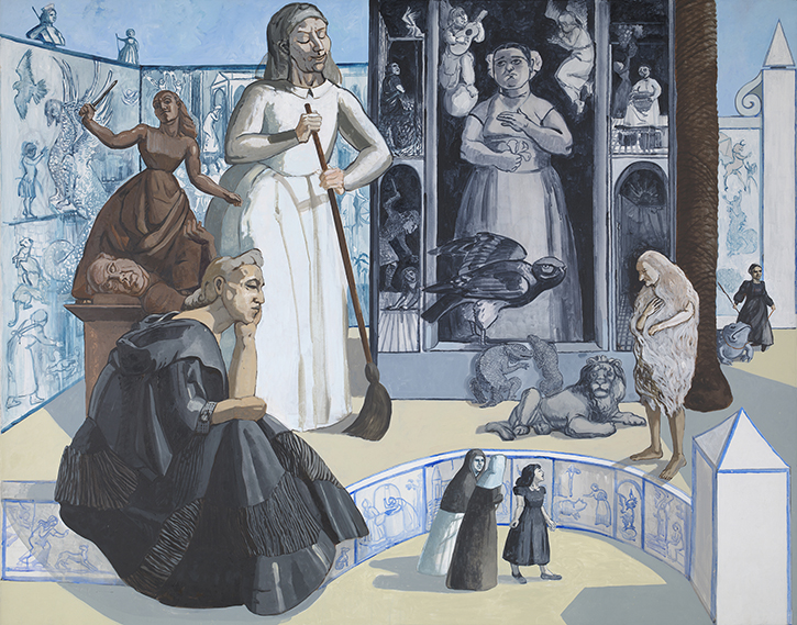 Painting with various figures, some who appear to be statues. Some are large and some are tiny, only a fraction of the size of the others. One sweeps with a broom. Another sits on a ledge, head resting in her hand. In the background some seem to be part of a stone altarpiece however a lion, a bird and some crocodiles crawl out of the altarpiece