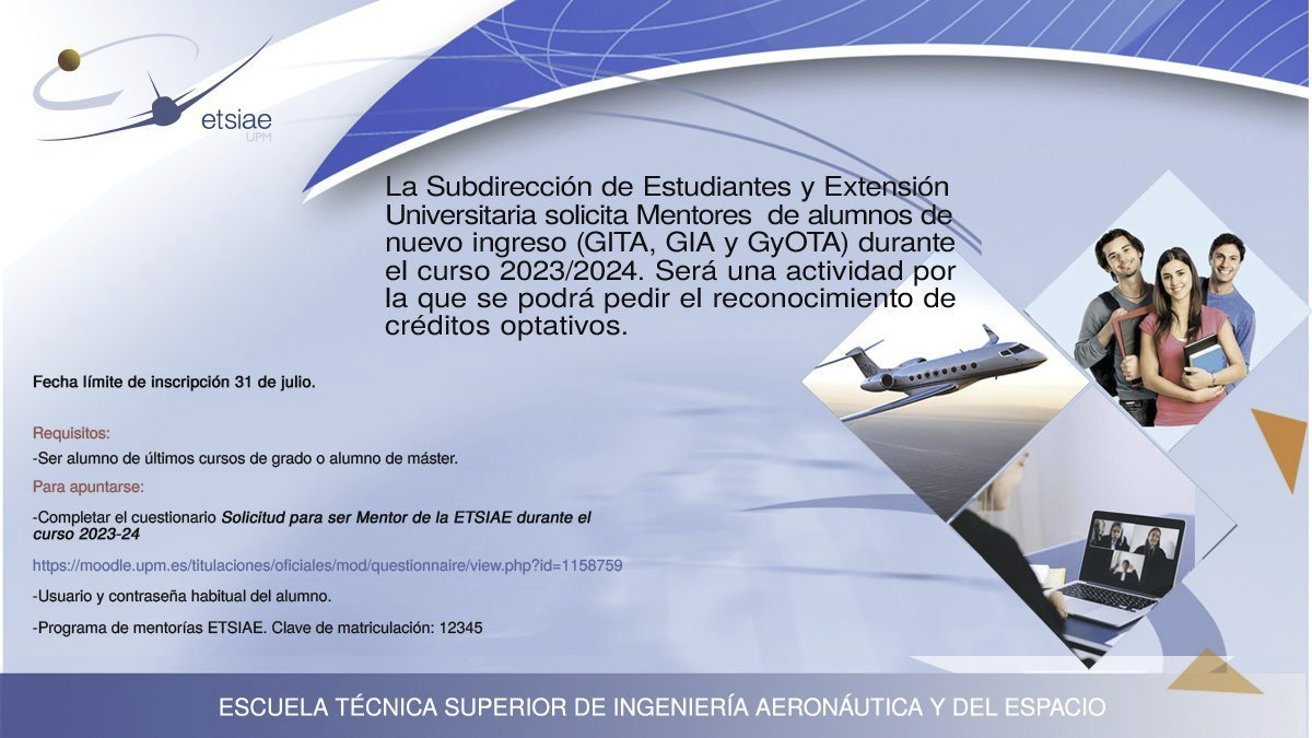 💡Tienes hasta el 31/7 para apuntarte al programa de mentorías de la #ETSIAE <a href="/la_UPM/">Universidad Politécnica de Madrid</a> y apoyar a tus nuevos compañeros en el inicio de su nueva etapa en la Escuela. ¿Te animas?
🔹Inscripción a través de Moodle.

<a href="/DelegacionAero/">Delegación de Alumnos de la ETSIAE</a> #somosUPM #nosoloingeniería