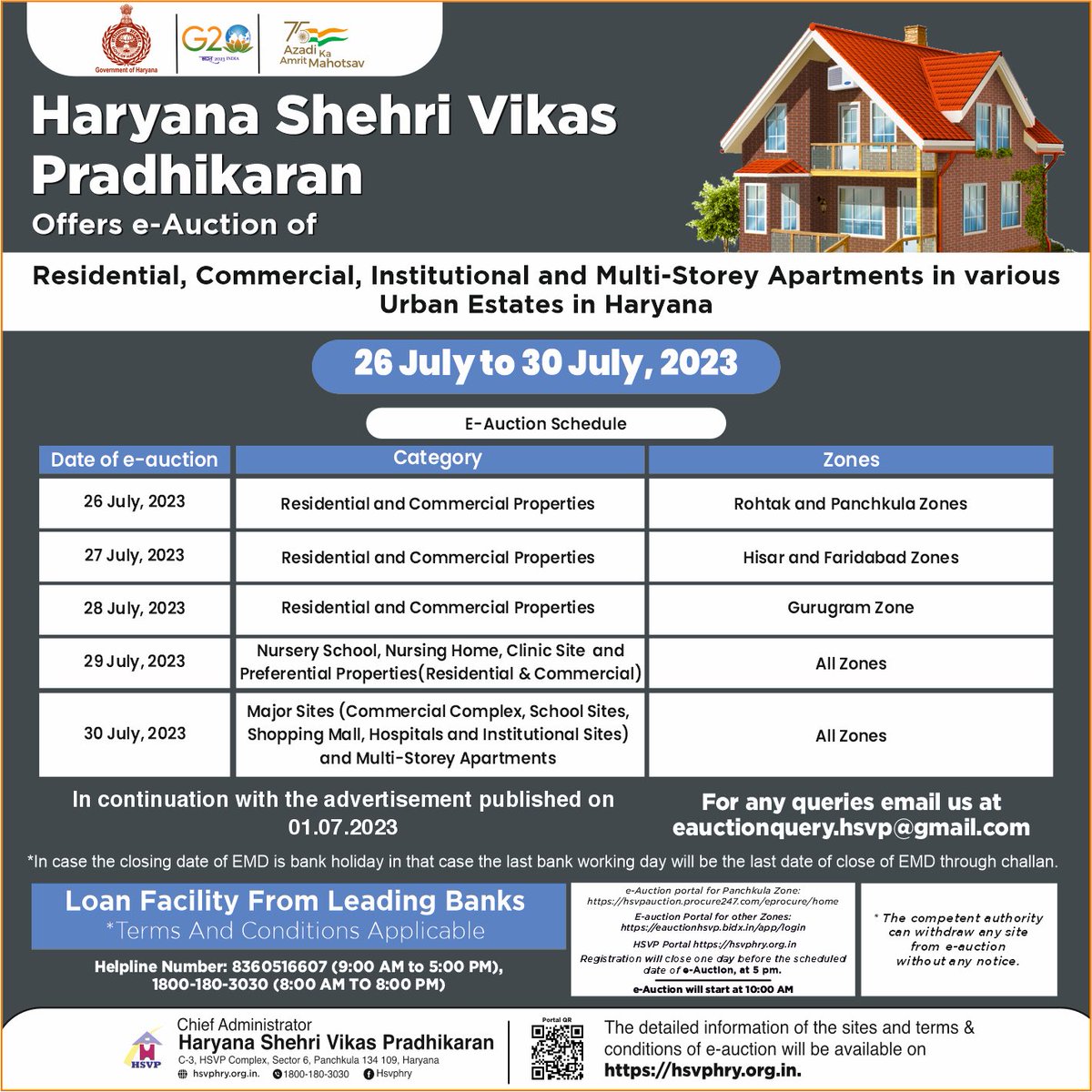 Haryana Shehri Vikas Pradhikaran announces e-auction for Residential, Commercial, Institutional, and Multi-Storey Apartments in various Urban Estates in Haryana from 26th July 2023 till 30th July 2023.
#Haryana #HSVP #Eauction