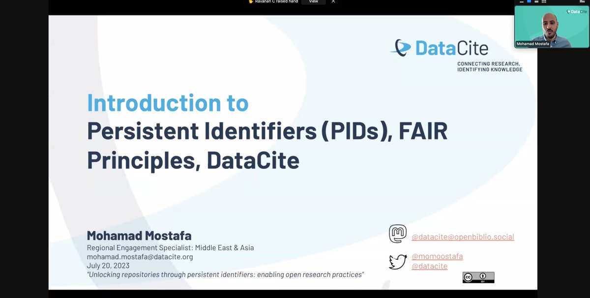 Mohamad Mostafa, DataCite's Regional Engagement Specialist: Middle East & Asia talks about #PIDs, #FAIR Principles & DataCite in our current webinar.
#PersistentIdentifiers #DOI