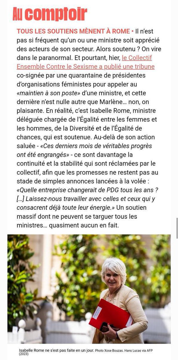 Un appel massif et collectif pour soutenir la Ministre <a href="/RomeIsabelle/">Isabelle Rome</a> que nous sommes fières d'avoir initié au collectif <a href="/CSexisme/">Collectif Ensemble Contre le Sexisme</a> . Merci à toutes et à tous qui se mobilisent pour la continuité à la tête de ce ministère <a href="/laurossignol/">Laurence Rossignol</a> <a href="/elisabeth_rchrd/">Elisabeth Richard</a> <a href="/1ElisaMoreno/">Élisabeth Moreno</a> <a href="/SPBrossolette/">Sylvie Pierre-Brossolette</a>