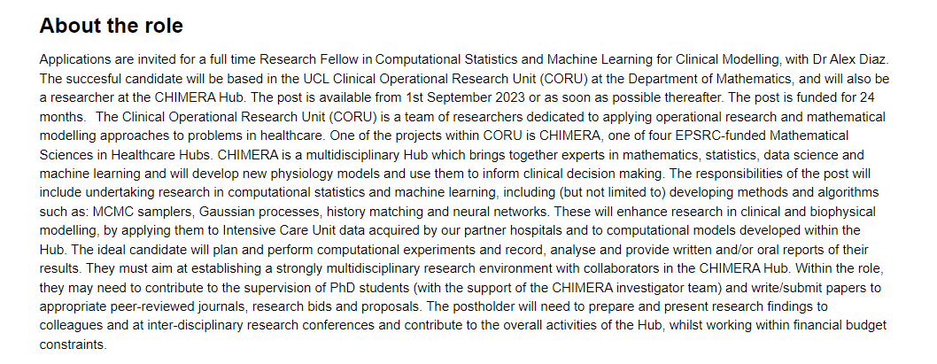 JOB ALERT! for PhDs and Postdocs in Stats and/or Machine Learning , the <a href="/uclchimera/">CHIMERA</a>  hub I co-lead with 
<a href="/rebeccajshipley/">Rebecca Shipley</a>   is advertising for a 2 year postdoc working with <a href="/AlejDiazDelaO/">Alex Diaz</a>  !

Help us improve Intensive Care with cutting edge data analysis!

ucl.ac.uk/work-at-ucl/se…