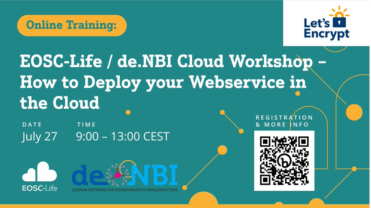 Want to deploy your own #webservices in the cloud, but not sure how to do it? 🤔 Join this helpful online EOSC-Life / @denbiOffice workshop to practice deployment and use @letsencrypt to secure your website! 📅 27 July 2023, 9:00 - 13:00 CEST Register👉 eosc-life.eu/news/eosc-life…