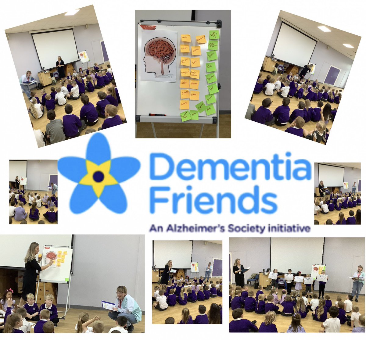 ellistonacademy's tweet photo. The children in KS1 attended an assembly to learn about and develop an understanding of dementia. They thought about how our brain works and what we can do to help people who find it difficult to remember things @alzheimerssoc #EllistonPD https://t.co/4zqKFxEQNa