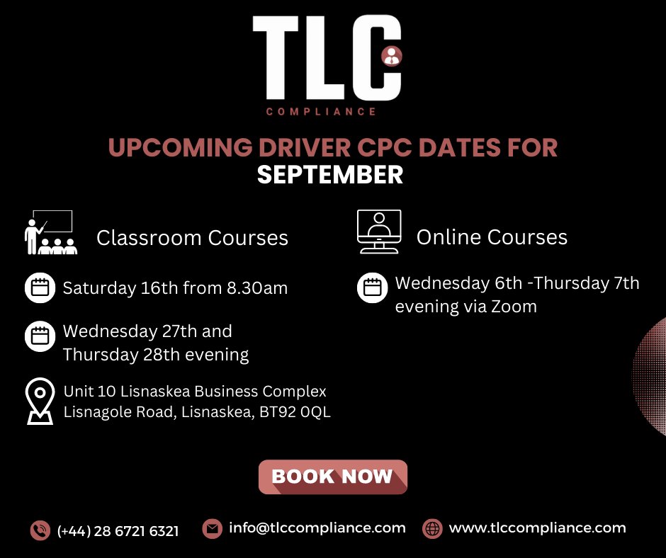 The following dates are available for the September Driver CPC Training course.

Get in touch with us via email info@tlccompliance.com or phone 028 6721 6321 for more information.

#Lisnaskea #Fermanagh #DriverCPC #Fermanagh #DriverCPC #Lisnaskea #tlccompliance