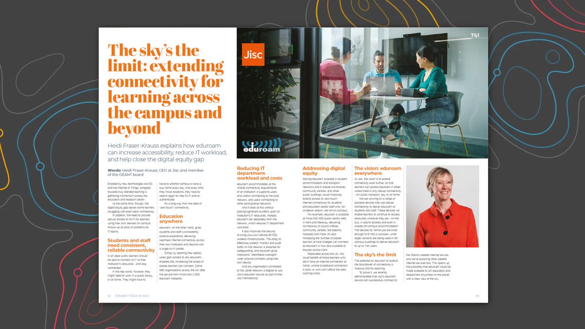 GEANTnews's tweet photo. The article "The sky’s the limit: extending connectivity for learning across the campus and beyond" by @Jisc's CEO @HeidiFraskrauss is also featured on #CONNECT43, the latest issue of the GÉANT CONNECT Magazine.
📰 Read it and download it here https://t.co/LIoGCP2YZK https://t.co/idlNay1W1n