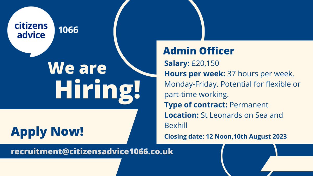 CA1066 are hiring two new admin officers!

Join our friendly team working across St Leonards and Bexhill.

For details please visit the link below. ⬇️ 

citizensadvice1066.co.uk/news/we-re-hir…