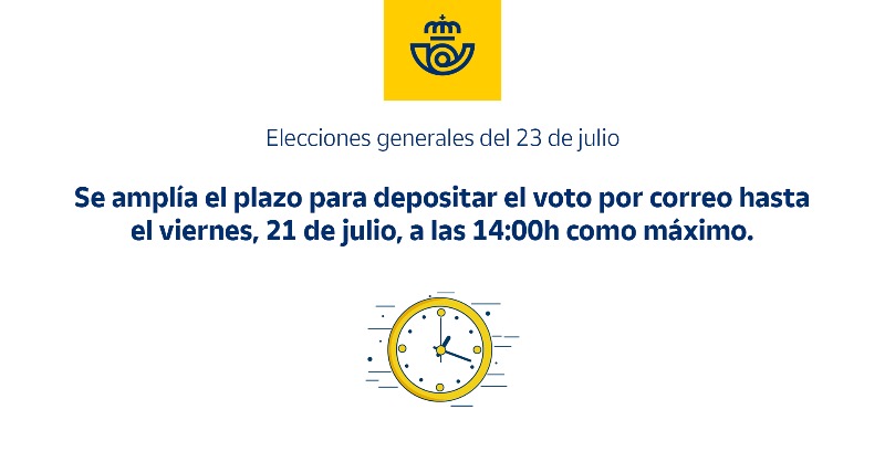 Correos's tweet photo. Admitiremos el depósito del #VotoPorCorreo en nuestras oficinas hasta mañana viernes 21/07, como máximo hasta las 14:00h, para facilitar la gestión de la documentación electoral.