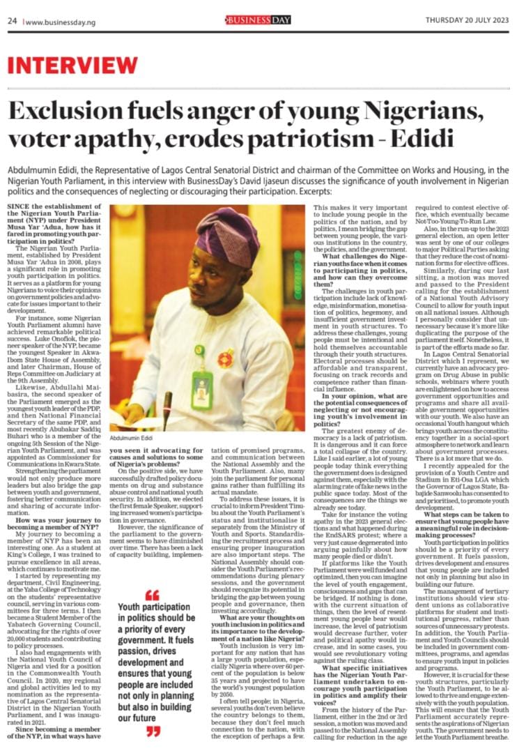 MuminEdidi's tweet image. In a different dimension to the issue of Youth inclusion in Nigeria. Checkout @BusinessDayNg today; Thursday, 20th July 2023 as I share my experience on how Exclusion fuels the the anger of Young Nigerians, voter apathy and erodes patriotism.

read businessday.ng/interview/arti…
