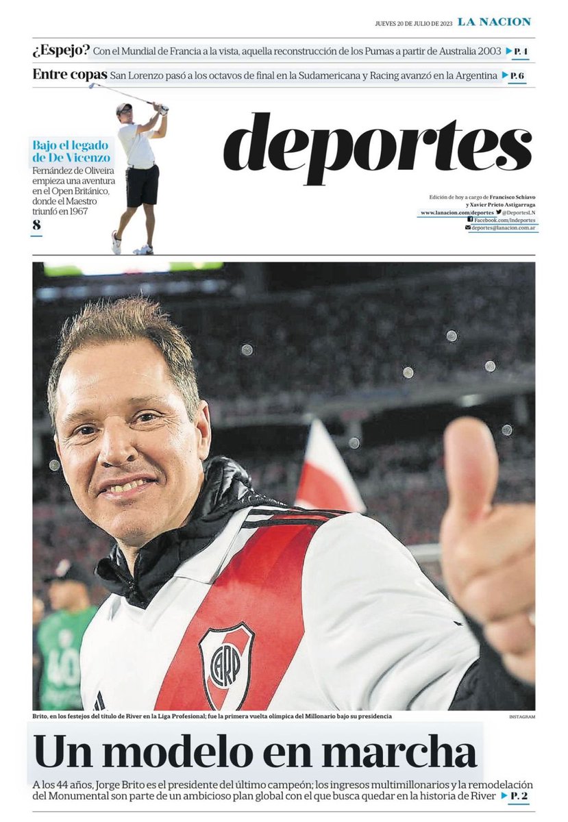 GermanBalcarce's tweet photo. ✍️ Nota para @LANACION en la portada de deportes

🗞 Números en detalle de la gestión de @JorgeBrito como presidente de River y su testimonio acerca de las obras en el estadio. Cuánto dinero invirtió en el mercado de pases y por cuánto vendió: https://t.co/RROrApbn0z https://t.co/y34HHOlDfQ