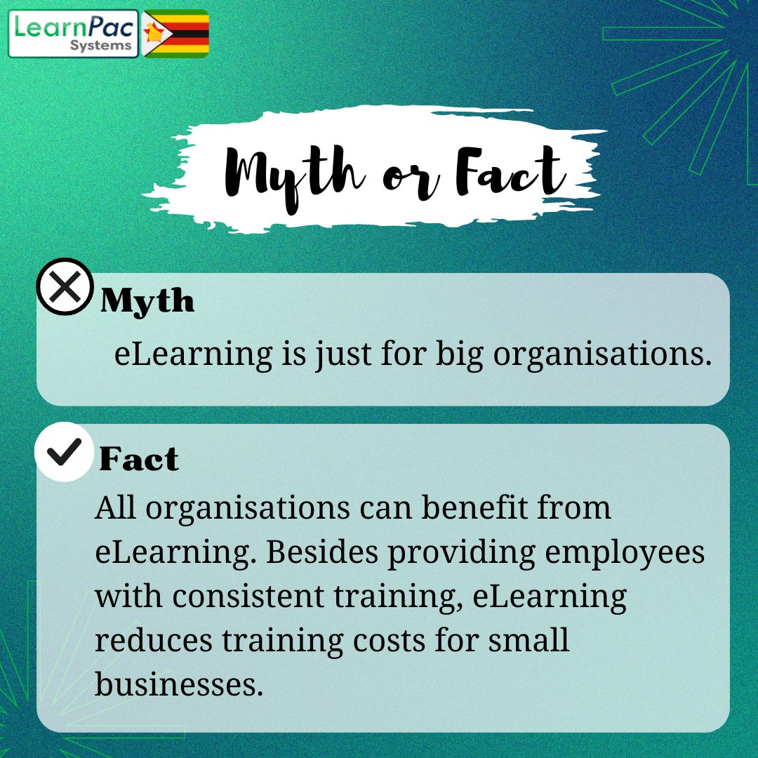💻 Don't believe the myth that #eLearning is just for big corporations. 🚫 All organisations, including small businesses, can #benefit from its advantages. 💡Reduce costs, provide consistent #training, and empower your employees with online learning. 💪 #elearning #zimbabwe