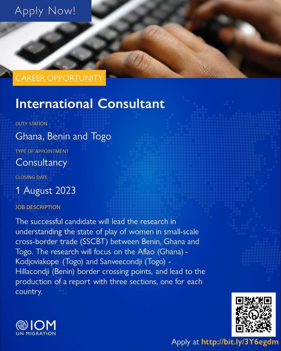 IOMGhana's tweet photo. Vacancy Opportunity!!!

IOM Ghana is looking for a consultant to lead research on the state of play of women in small-scale cross-border trade (SSCBT) between Benin, Ghana &amp; Togo.

Application deadline: 1 August
All information &amp; how to apply here: https://t.co/vdklWpUoJg https://t.co/pgYRxmYdJx