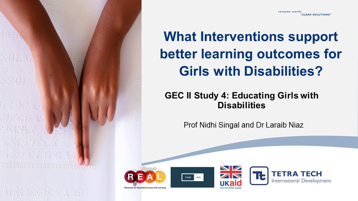 REALCentre Cambridge (@real_centre) on Twitter photo Starting in 2 minutes - follow this thread for main links:
What interventions support better learning outcomes for girls with disabilities?
With <a href="/nsingal14/">Nidhi Singal</a> <a href="/laraibniaz91/">Dr Laraib Niaz</a>
<a href="/PaulineMRose/">Pauline Rose</a> <a href="/NafisaBaboo/">Nafisa Baboo</a> @lftwworldwide
<a href="/FCDOGEC/">Girls' Education Challenge</a> @TetraTechIntDev <a href="/Fab_Inc_dev/">Fab Inc.</a>
<a href="/CaNDER_Research/">CaNDER</a> <a href="/CamEdFac/">Faculty of Education, University of Cambridge</a> Starting in 2 minutes - follow this thread for main links:
What interventions support better learning outcomes for girls with disabilities?
With <a href="/nsingal14/">Nidhi Singal</a> <a href="/laraibniaz91/">Dr Laraib Niaz</a>
<a href="/PaulineMRose/">Pauline Rose</a> <a href="/NafisaBaboo/">Nafisa Baboo</a> @lftwworldwide
<a href="/FCDOGEC/">Girls' Education Challenge</a> @TetraTechIntDev <a href="/Fab_Inc_dev/">Fab Inc.</a>
<a href="/CaNDER_Research/">CaNDER</a> <a href="/CamEdFac/">Faculty of Education, University of Cambridge</a>