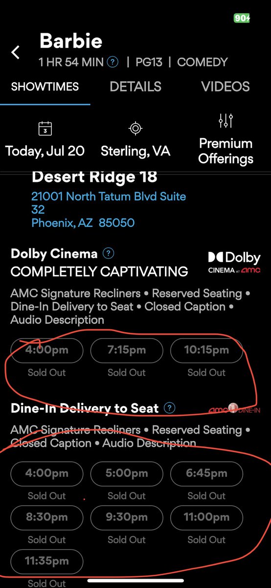 #Barbie SOLD OUT in Phoenix - my local Tyson’s and Worldgate ⁦@AMCTheatres⁩ almost sold out - #AMC #AMCGORILLAZ #ApesAreWinning #ChokeOnThat