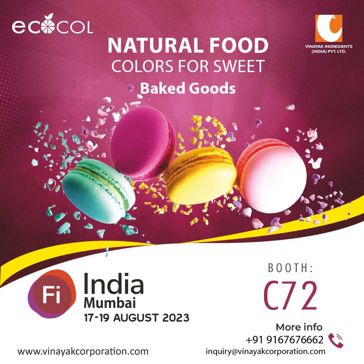 VinayakCorp's tweet image. We are delighted to announce that we will be exhibiting at FI India 2023 Exhibition at the Bombay Convention and Exhibition Center, Mumbai from 17th to 19th of August 2023.

#ecocol #naturalfoodcolor #vinayakcorporation #ecocolfoodcolor #naturalfoodcoloring #foodadditives