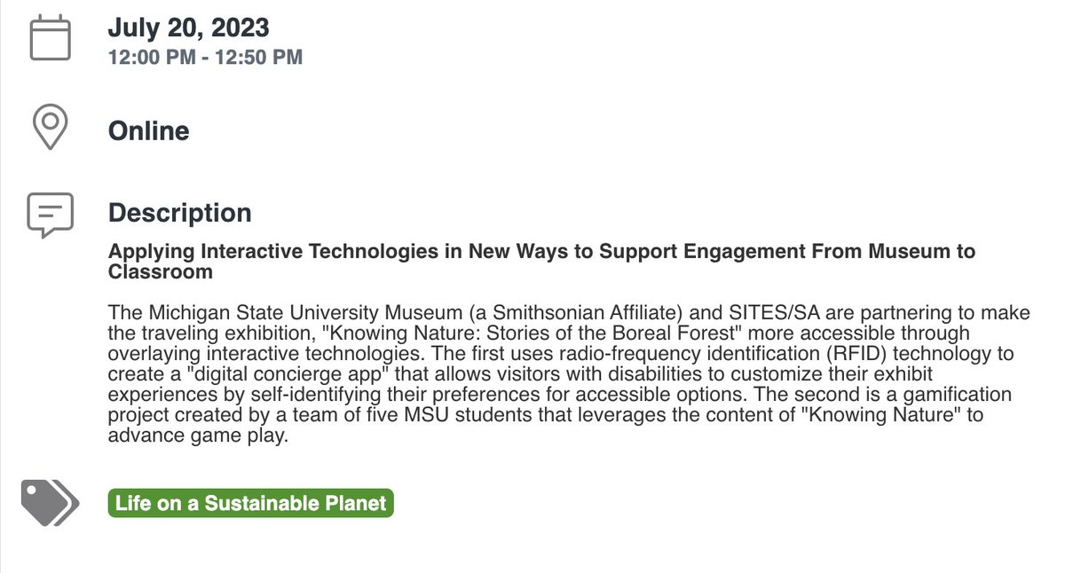 DevonAkmon's tweet photo. Today, the @MSUMuseum team will share efforts towards making exhibitions more accessible via integration of interactive technologies (RFID &amp; gamification) @SmithsonianEdu's National Education Summit. This is in partnership w/ @sitesExhibits. Streaming: https://t.co/W3VDwdqi6Y https://t.co/fSOmKvIyOr