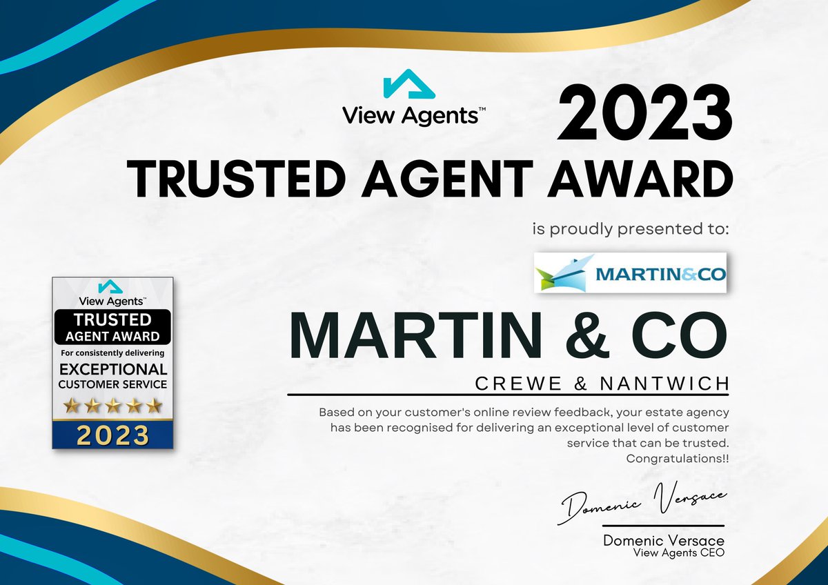 🥇Congratulations to our hard working Martin & Co team on their latest industry recognition. 
⭐⭐⭐⭐⭐
We are delighted and proud that our staff have been have been awarded 'exceptional' status based on reviews for our customer service from @viewagents.

#Martinandco #award