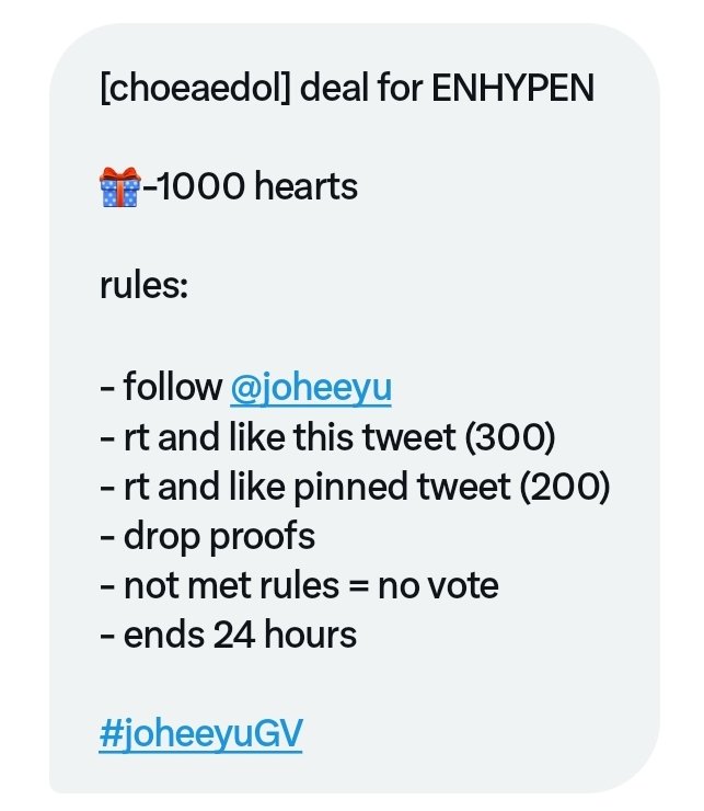thatseattleb0i's tweet photo. [choeaedol] deal for ENHYPEN 

🎁-1000 hearts

rules: 

- follow @joheeyu
- rt and like this tweet (300)
- rt and like pinned tweet (200)
- drop proofs
- not met rules = no vote
- ends 24 hours 

#joheeyuGV #ENFuelUp #ENVOOSTERS https://t.co/QR0pMkMeMJ