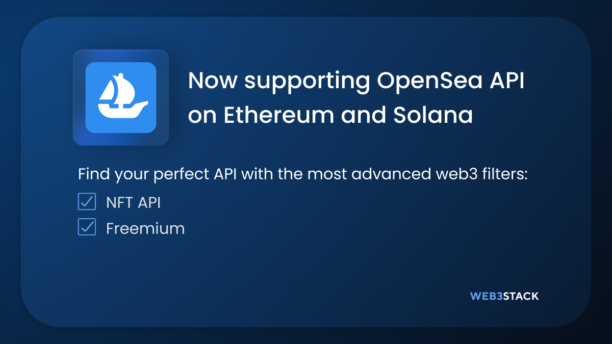 web3stackme's tweet image. Web3stack now supports @opensea on Ethereum and Solana    
The OpenSea API is a tool that empowers developers to create new and innovative experiences using NFTs and marketplace data
Vote for @opensea as the best API    
Explore more web3 APIs on Web3stack