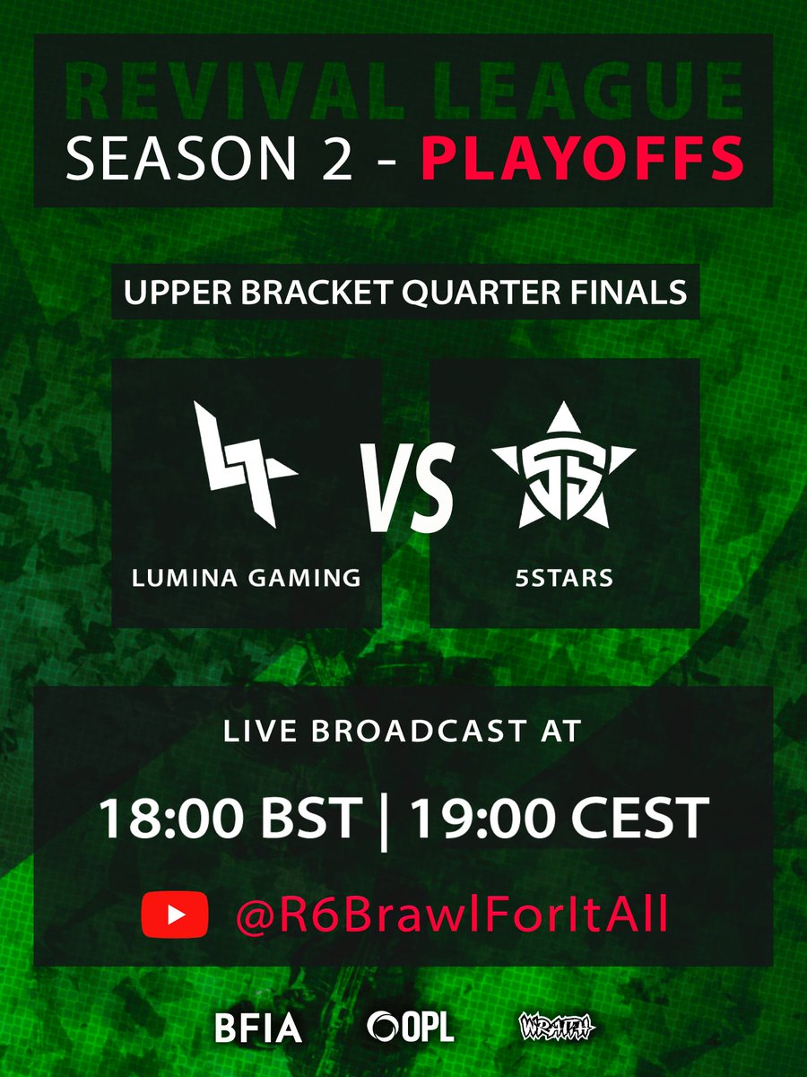 #RevivalLeague Season 2 Playoffs begin TODAY!

<a href="/LuminaGamingorg/">Lumina Gaming</a> vs <a href="/5StarsEsport/">5STARS</a> 

18:00 BST / 19:00 CEST on youtube.com/@R6BrawlForItA…
