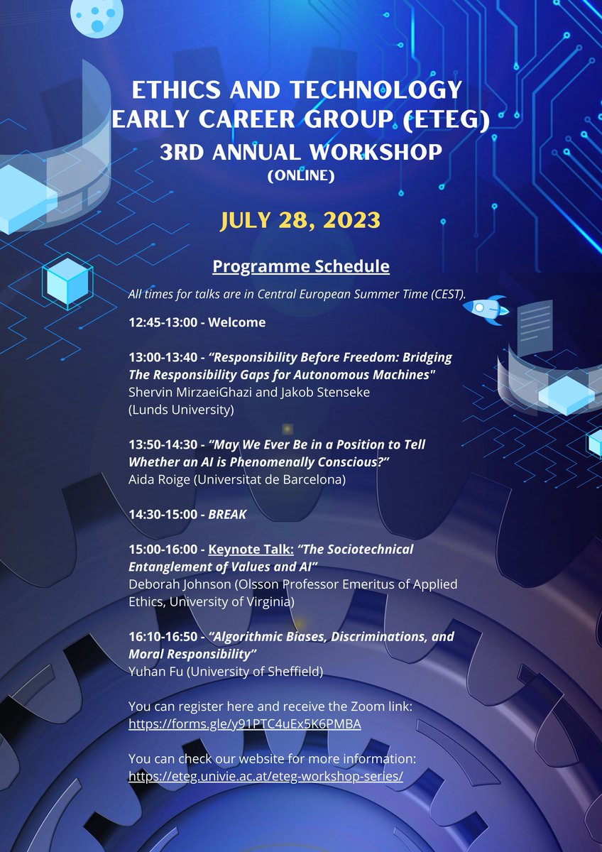We are very delighted to have Professor Deborah Johnson as the keynote speaker for our workshop! We are looking forward to her talk "The Sociotechnological Entanglement of Values and AI"! #AIethics