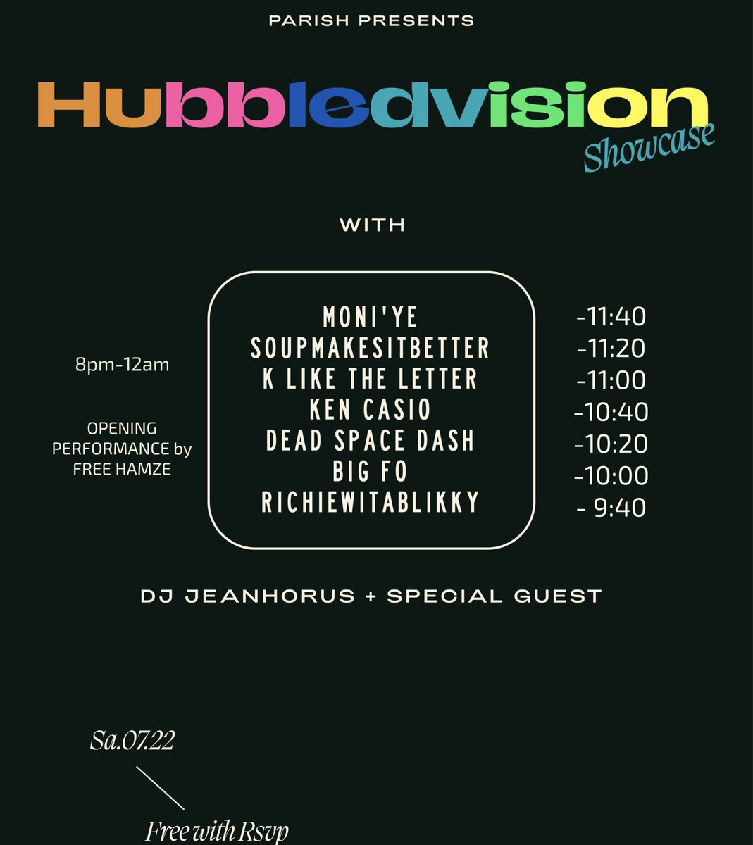 Parish presents Hubbledvision's first official showcase Saturday, July 22nd from 8-12pm.

Featuring some of the most talented local artist, be sure to RSVP for this FREE event. 🚀✨

wl.seetickets.us/event/Hubbled-…