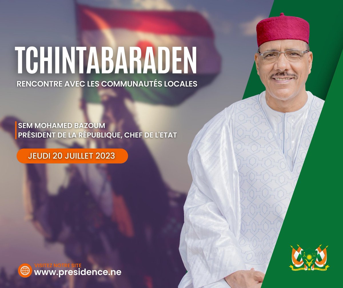 Présidence du Niger (@presidenceniger) on Twitter photo Après l'inauguration des routes Yaya-Dan Gona et Tahoua-Tabalak, le Président de la République, SEM <a href="/mohamedbazoum/">Mohamed Bazoum</a>, est à Kao et Tchintabaraden ce jeudi 20 juillet 2023 où il échangera avec la population sur les questions de paix et de sécurité. Après l'inauguration des routes Yaya-Dan Gona et Tahoua-Tabalak, le Président de la République, SEM <a href="/mohamedbazoum/">Mohamed Bazoum</a>, est à Kao et Tchintabaraden ce jeudi 20 juillet 2023 où il échangera avec la population sur les questions de paix et de sécurité.