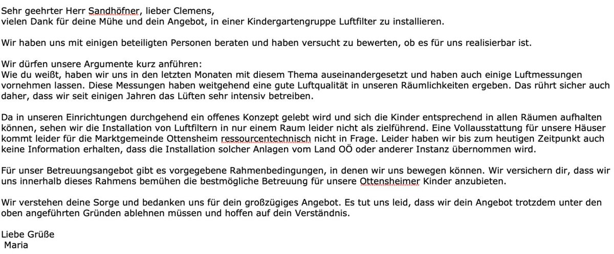 #Ottensheim #SaubereLuft #Hepafilter Nachdem meine Forderung eines Einbaus einer Lüftungsanlage nach der Begehung mit DI Tappler nicht weiter verfolgt wurde, werden jetzt auch Hepafilter mit eigenwilliger Begründung abgelehnt 1/4 #CovidIsNotOver #CovidIsAirborne