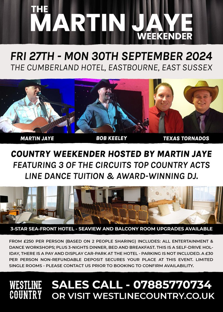 westlinectry's tweet photo. 🤠 THE MARTIN JAYE WEEKENDER 2024 🤠

Join us at The Cumberland Hotel, Eastbourne for 3 nights of country music and line dancing with Martin Jaye, Bob Keeley and Texas Tornados - plus line dance tuition with Wayne Dawkins.

https://t.co/UpV2f79C2U https://t.co/NekdBkKete