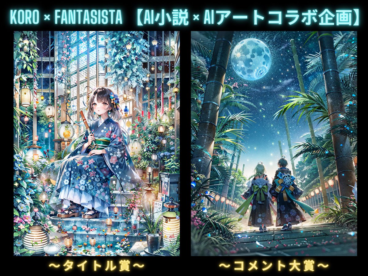 FantasistaAI's tweet photo. 🌈Koro × Fantasista コラボ企画🌈

🏆#NFT 作品【各1様】💃💃✨

✅フォロー  

@FantasistaAI 

@KoroVRM 

✅ 本ツイを♥️＆RT

✅ @KoroVRM の固定ツイを♥️＆RT

👑タイトル賞に参加
　➡️ リプに小説タイトルをコメント

👑感想大賞に参加
　➡️ @KoroVRM の固定ツイのリプに感想をコメント

⏰23日(日)21時迄

✅タイトル賞・感想大賞の両方に参加すると当選率UP🌈

⭐️⭐️⭐️イベント概要⭐️⭐️⭐️

～相互コミュニケーション型コラボ #giveaway ～

✏️AI小説作者 🐰 @KoroVRM 
🖼️AIイラスト制作 🌈 @FantasistaAI 

でお送りするAI小説コラボ企画です☺️🎋✨

AI小説のサイト(note)はこちら☺️🙌⭐️
https://t.co/UW3VjjRYPr

【要項】

✅AI小��の「題名(タイトル)」と「感想」を募集する2つ同時のGiveaway企画です。

✅【タイトル賞】お一人様3タイトルまで投稿OK。

一番グッときたタイトル名をつけてくださった方にAI小説の表紙に使われたAIイラストNFTを贈呈。

✅【感想大賞】AI小説の感想は何度書いてもOK。

一番グッときた感想を書かれた方に、AI小説の最終章に掲載されているAIイラストNFTを贈呈。
感想大賞は @KoroVRM の固定ツイートのリプに感想をコメントしてください😊🙌✨

#AIイラスト 
#AIArtwork 
#AIart